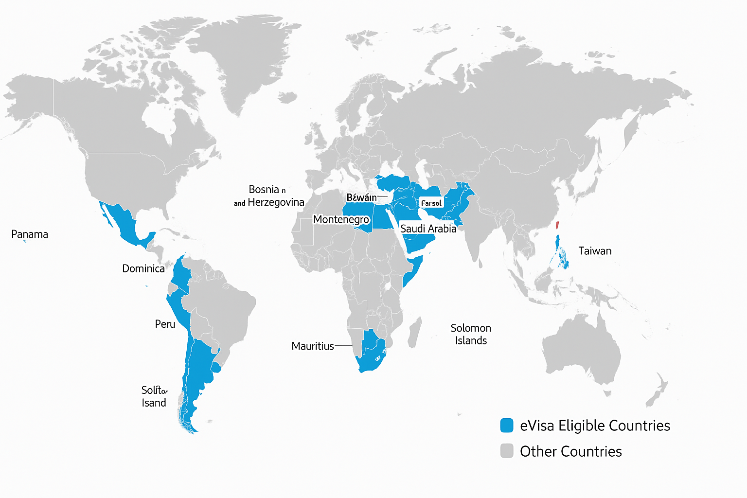Taiwan Evisa Countries Map