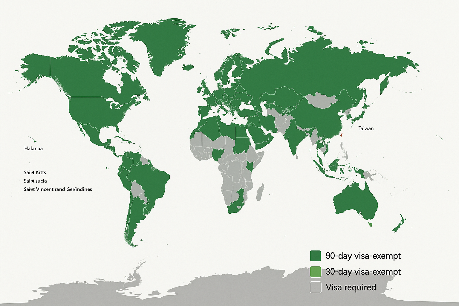 Taiwan Visa-Free Countries Map