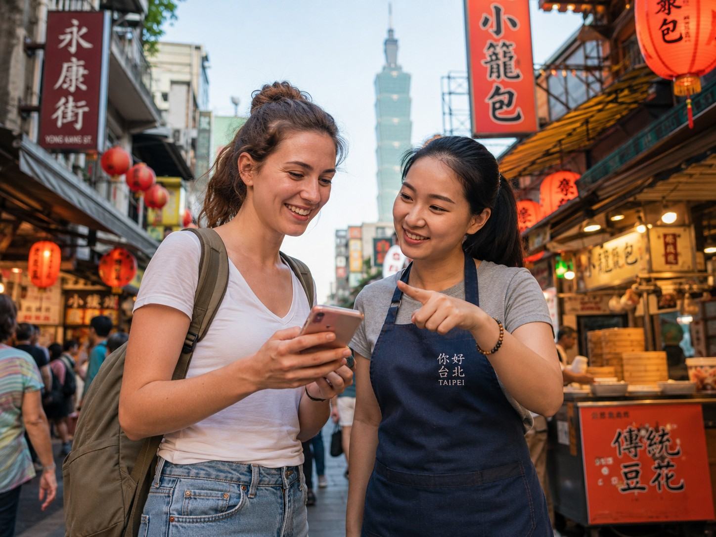 A local helping a female traveller in Taiwan