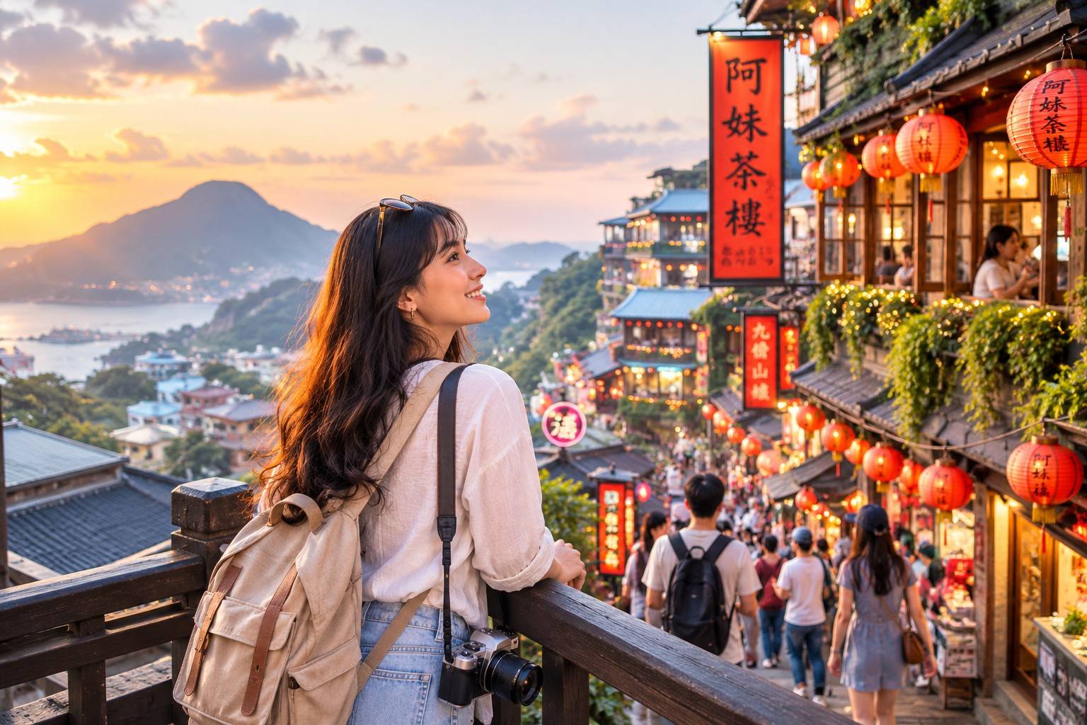 A woman standing in Jufein Old Street Taiwan
