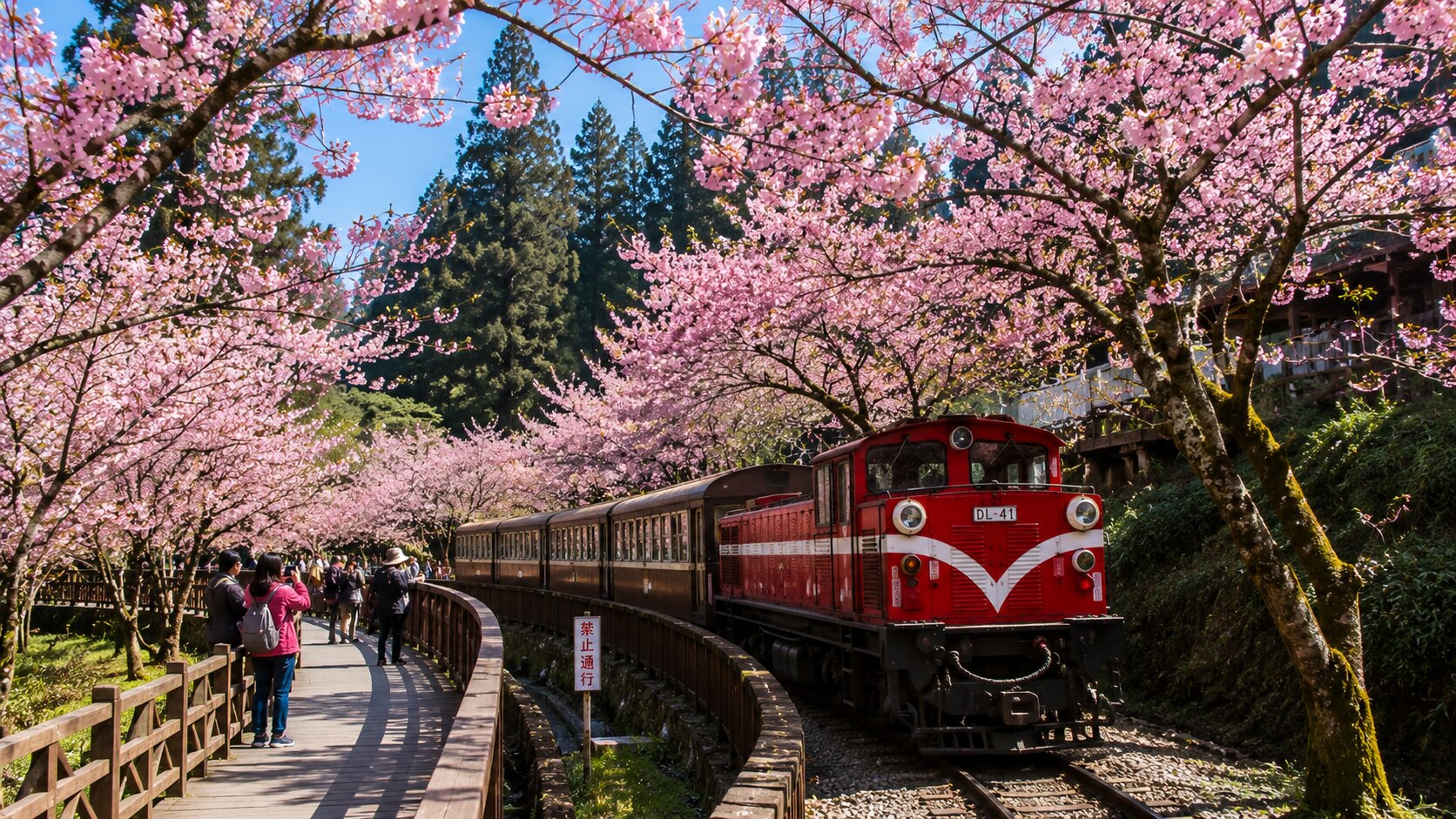 Cherry Blossoms Along The Alishan Forest Railway