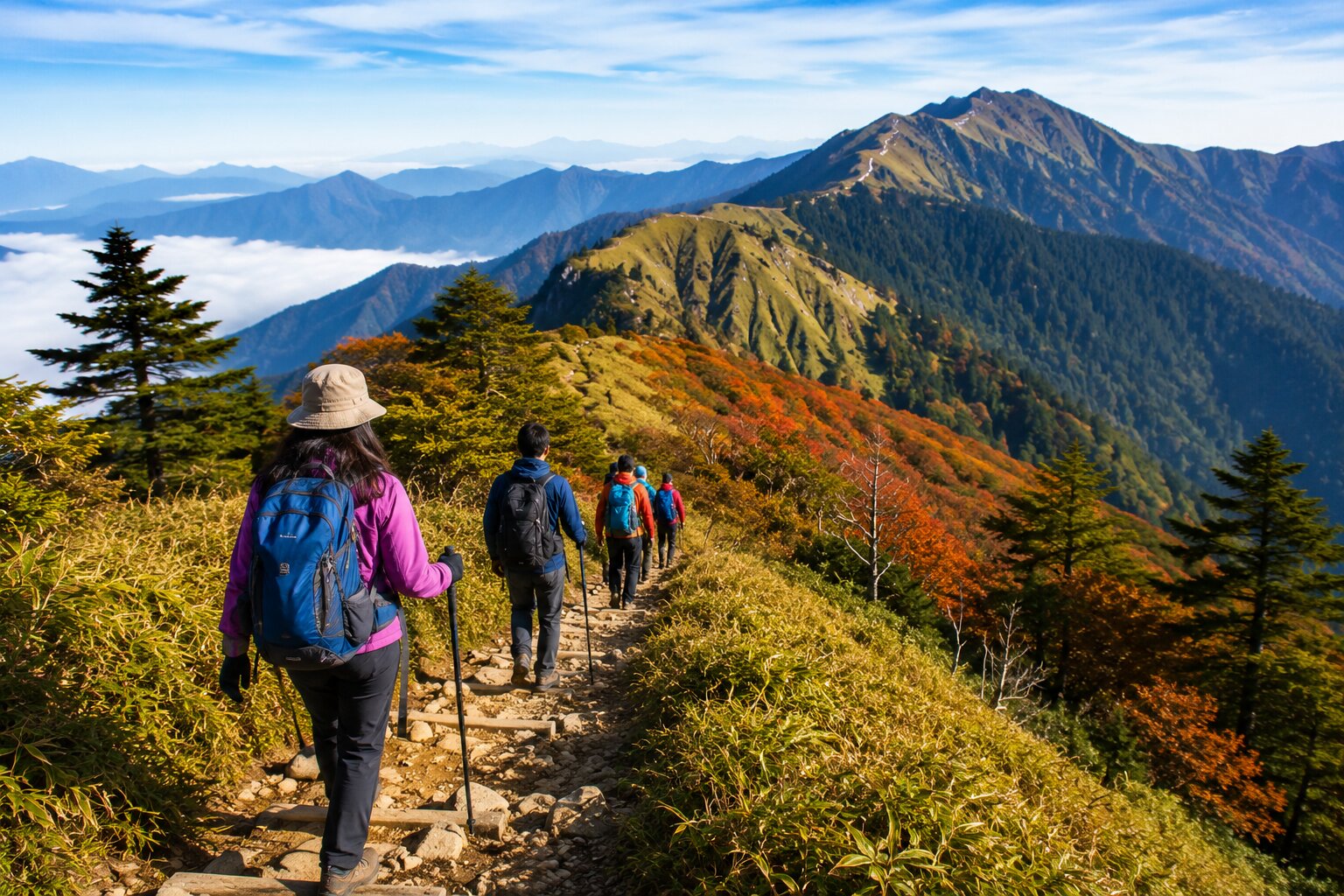 Hikers On Hehuanshan Mountain Trail Taiwan