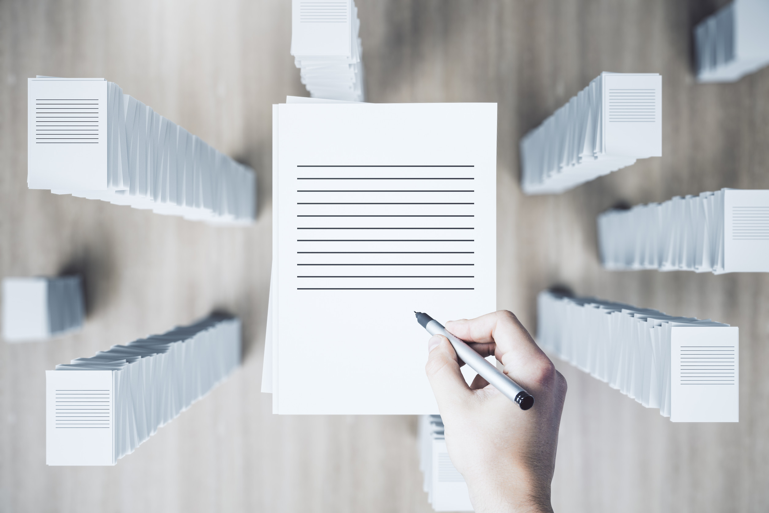 Paperwork Stack On Wooden Background Workload And Bureaucracy Concept