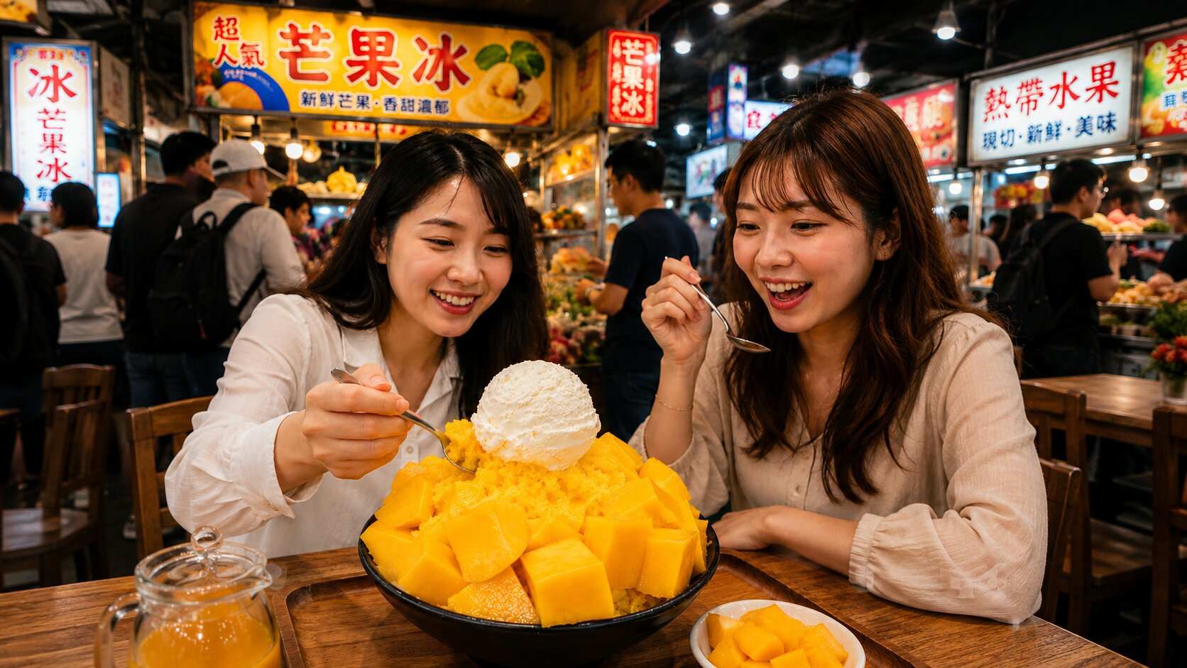 Two Women Enjoying Mango Shaved Ice