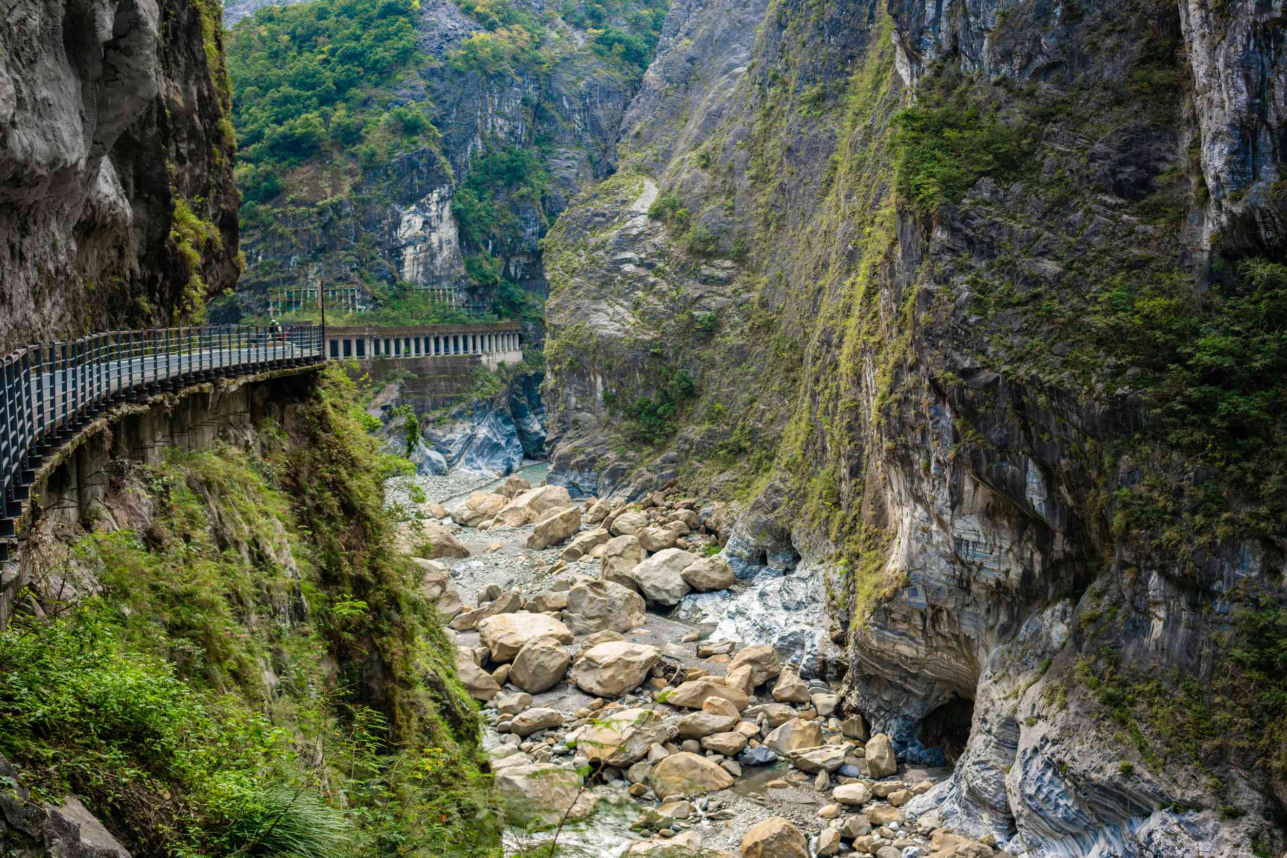 View Of Taroko Gorge And Cliff Side Pathway Of Yanzihkou Hiking